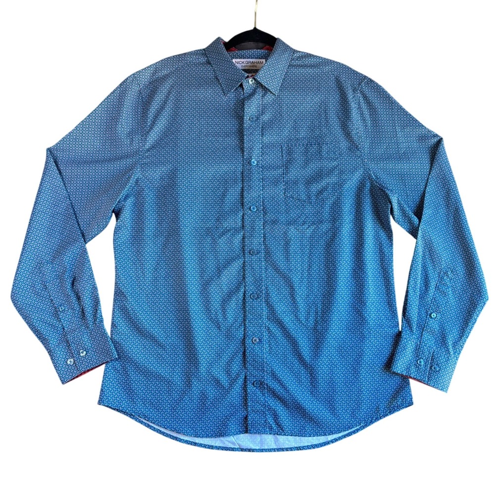 Nick Graham Everywhere Mens Large Blue‎ Print Button Up Shirt Stretch Modern Fit